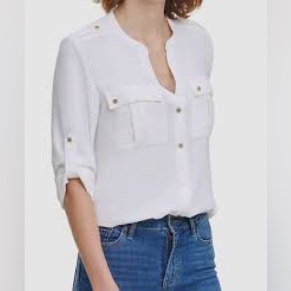 Calvin Klein White‎ Textured Utility Blouse - Size Small - Picture 2 of 8